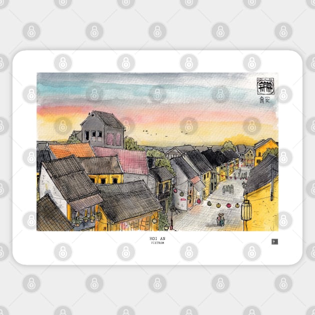 Hoi An Cityscape Top View Vietnam Illustration Sticker by Wall-Art-Sketch